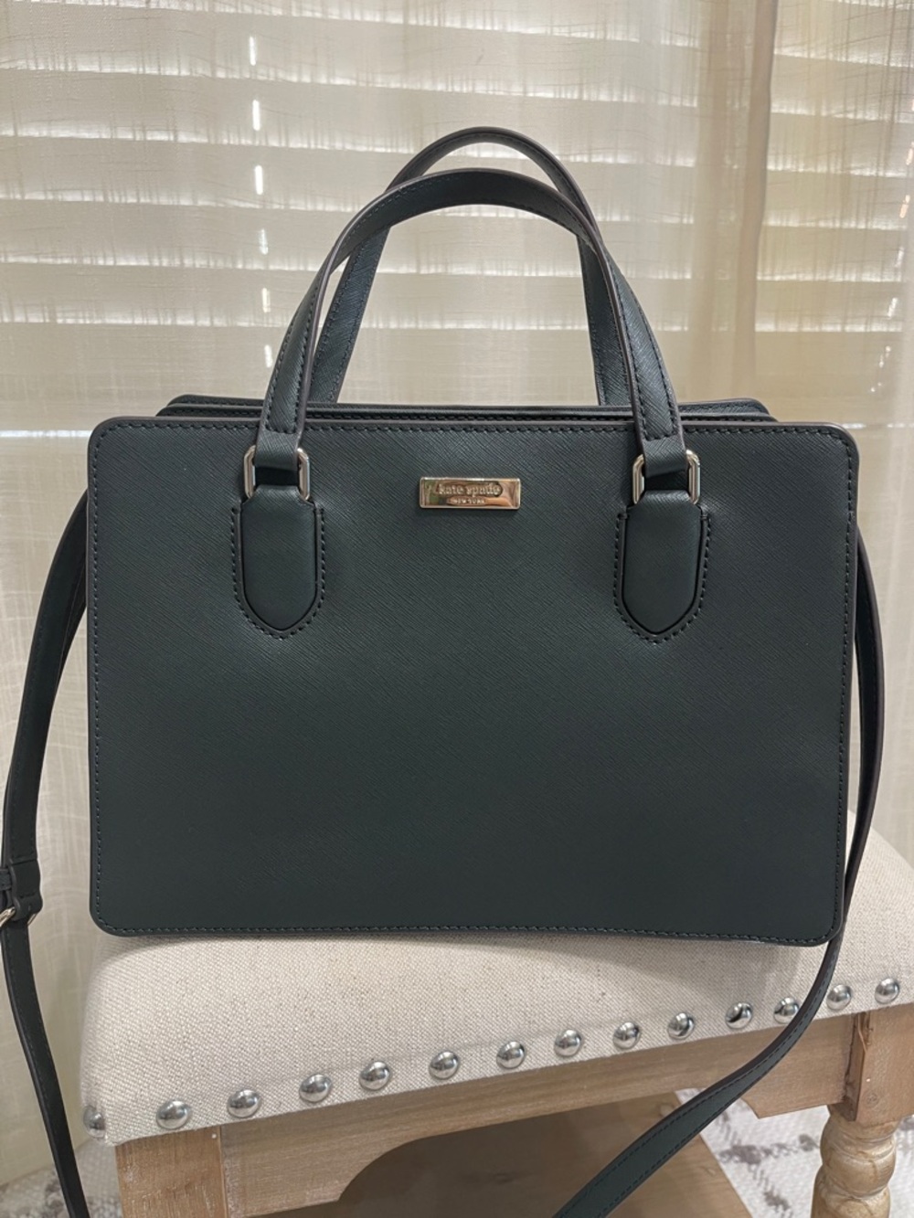 kate spade forest green structured satchel with gold plaque